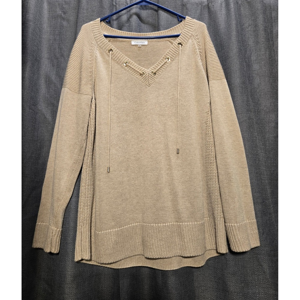 Calvin Klein Knit Sweater Tunic Lace-Up‎ V-Neck Long Sleeve Beige XL